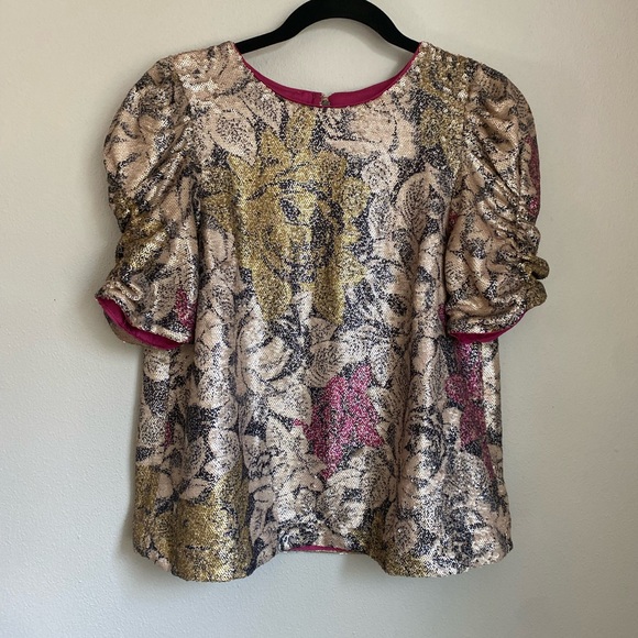 Anthropologie Sequin Floral Blouse 2 Glam Feminine Work Y2K Festival Formal Pink - Picture 2 of 7